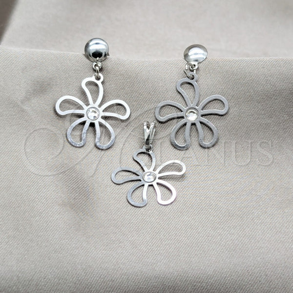 Juego de Arete y Dije de Adulto 10.63.0666 Acero Inoxidable, Diseño de Flor, con Blanca Cristal, Pulido Multicolor, Tono Plateado