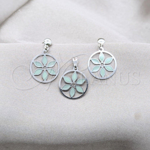 Juego de Arete y Dije de Adulto 10.63.0667 Acero Inoxidable, Diseño de Flor, Esmaltado Verde, Tono Plateado