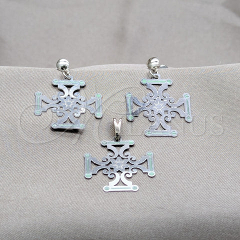 Juego de Arete y Dije de Adulto 10.63.0668 Acero Inoxidable, Diseño de Flor, Esmaltado Verde, Tono Plateado