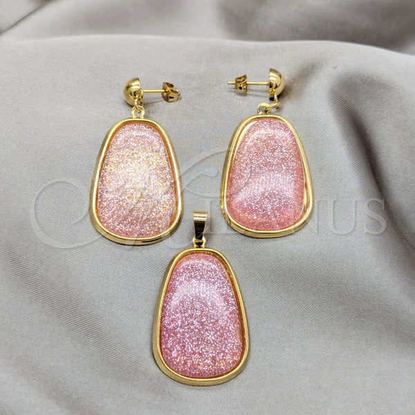 Juego de Arete y Dije de Adulto 10.63.0673 Acero Inoxidable, Resinado Rosado, Tono Dorado