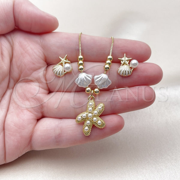 Juego de Arete y Dije de Adulto 10.341.0019 Oro Laminado, Diseño de Concha y Estrella, con Marfil Perla, Esmaltado Blanco, Tono Dorado