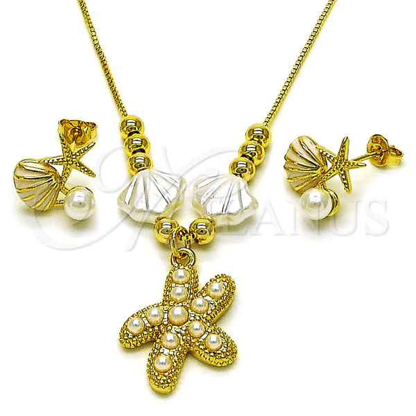 Juego de Arete y Dije de Adulto 10.341.0019 Oro Laminado, Diseño de Concha y Estrella, con Marfil Perla, Esmaltado Blanco, Tono Dorado