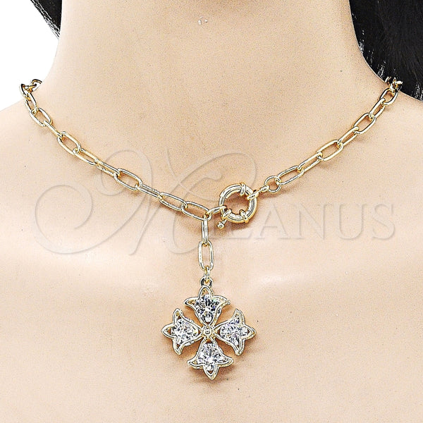 Collares con Dije 04.63.1436.20 Oro Laminado, Diseño de Trébol de Cuatro Hojas y Flor, con Blanca Cristal, Pulido, Tono Dorado (Thickness, 20 Inches Length)