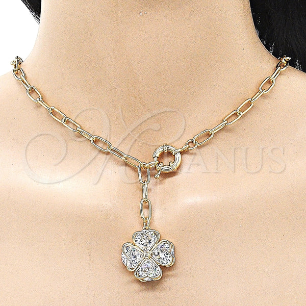 Collares con Dije 04.63.1437.20 Oro Laminado, Diseño de Trébol de Cuatro Hojas y Corazón, con Blanca Cristal, Pulido, Tono Dorado (Thickness, 20 Inches Length)