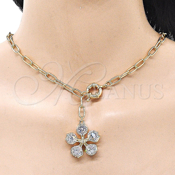 Collares con Dije 04.63.1438.20 Oro Laminado, Diseño de Flor y Rolo, con Blanca Zirconia Cubica, Pulido, Tono Dorado (Thickness, 20 Inches Length)