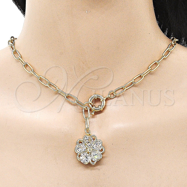 Gargantilla Elegante 04.63.1440.20 Oro Laminado, Diseño de Flor y Corazón, con Blanca Zirconia Cubica, Pulido, Tono Dorado (Thickness, 20 Inches Length)