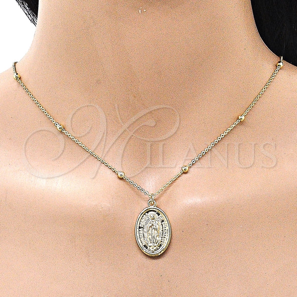 Collares con Dije 04.63.1447.16 Oro Laminado, Diseño de Guadalupe y Rolo, Pulido, Tono Dorado (Grosor 03 MM, 16 Pulgadas de Largo)