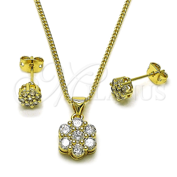 Juego de Arete y Dije de Adulto 10.213.0034 Oro Laminado, Diseño de Flor, con Blanca Zirconia Cubica, Pulido, Tono Dorado