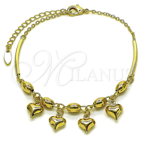 Tobillera de Dije 03.383.0034.10 Oro Laminado, Diseño de Corazón y Rolo, Pulido, Tono Dorado (02 MM Thickness, 10 Inches Length)