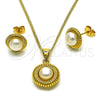Juego de Arete y Dije de Adulto 10.342.0254 Oro Laminado, Diseño de Flor, con Perla Marfil, Pulido, Tono Dorado