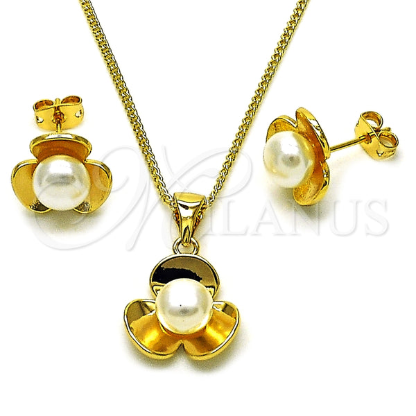 Juego de Arete y Dije de Adulto 10.342.0255 Oro Laminado, Diseño de Flor, con Marfil Perla, Pulido, Tono Dorado