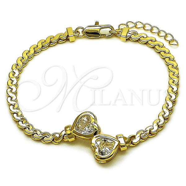 Pulsera Elegante 03.213.0366.07 Oro Laminado, Diseño de Corazón y Torcido, con Zirconia Cubica Blanca, Pulido, Tono Dorado (Grosor 04 MM, 7 Pulgadas de Largo)