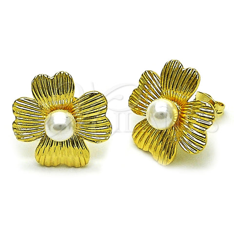 Arete Dormilona 02.282.0054 Oro Laminado, Diseño de Flor, con Marfil Perla, Diamantado, Tono Dorado