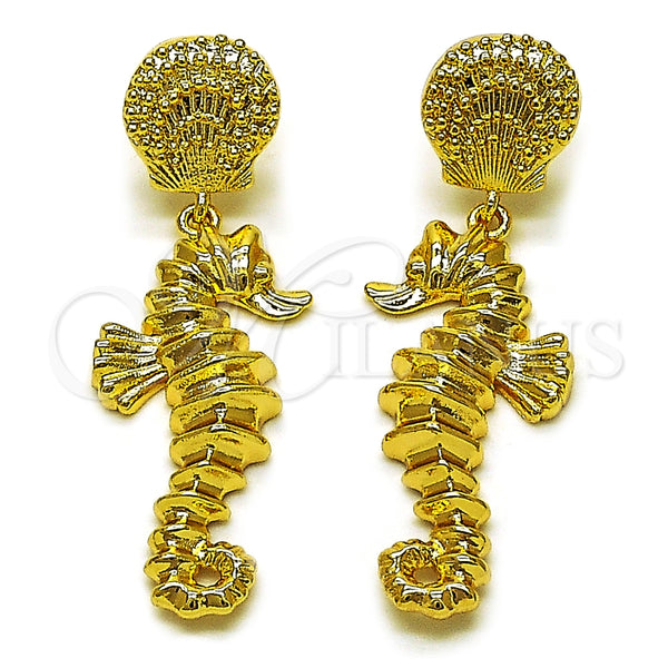Arete Colgante 02.282.0059 Oro Laminado, Diseño de Caballo y Concha, Pulido, Tono Dorado