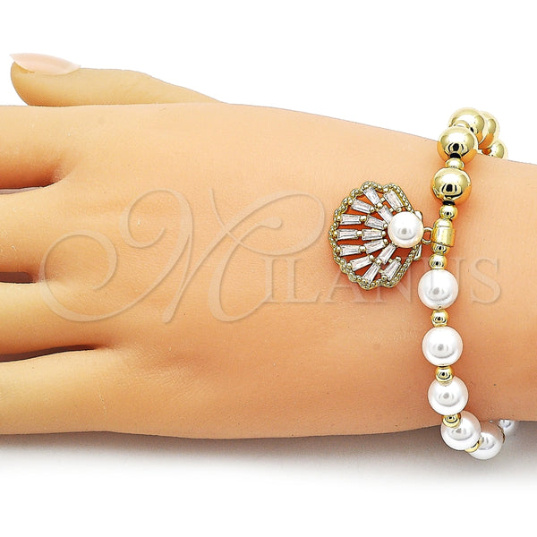 Pulsera Elegante 03.341.0247.07 Oro Laminado, Diseño de Bead Expandible y Concha, con Blanca Zirconia Cubica and Marfil Perla, Pulido, Tono Dorado (08 MM Thickness, 7 Inches Length)