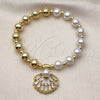 Pulsera Elegante 03.341.0247.07 Oro Laminado, Diseño de Bead Expandible y Concha, con Blanca Zirconia Cubica and Marfil Perla, Pulido, Tono Dorado (08 MM Thickness, 7 Inches Length)