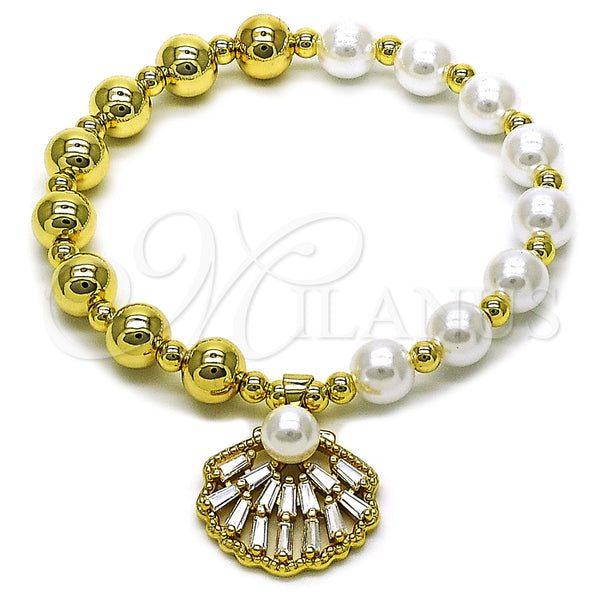 Pulsera Elegante 03.341.0247.07 Oro Laminado, Diseño de Bead Expandible y Concha, con Blanca Zirconia Cubica and Marfil Perla, Pulido, Tono Dorado (08 MM Thickness, 7 Inches Length)