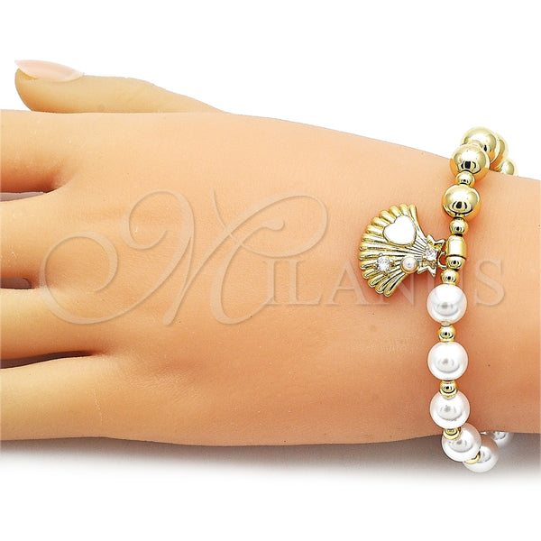 Pulsera Elegante 03.341.2294.07 Oro Laminado, Diseño de Bead Expandible y Concha, con Marfil Perla and Blanca Zirconia Cubica, Esmaltado Blanco, Tono Dorado (08 MM Thickness, 7 Inches Length)