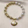 Pulsera Elegante 03.341.2294.07 Oro Laminado, Diseño de Bead Expandible y Concha, con Marfil Perla and Blanca Zirconia Cubica, Esmaltado Blanco, Tono Dorado (08 MM Thickness, 7 Inches Length)