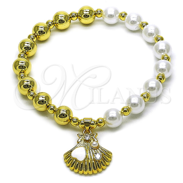 Pulsera Elegante 03.341.2294.07 Oro Laminado, Diseño de Bead Expandible y Concha, con Marfil Perla and Blanca Zirconia Cubica, Esmaltado Blanco, Tono Dorado (08 MM Thickness, 7 Inches Length)