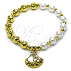 Pulsera Elegante 03.341.2294.07 Oro Laminado, Diseño de Bead Expandible y Concha, con Marfil Perla and Blanca Zirconia Cubica, Esmaltado Blanco, Tono Dorado (08 MM Thickness, 7 Inches Length)