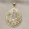 Dije Religioso 05.213.0056.1 Oro Laminado, Diseño de Guadalupe y Flor, Diamantado, Tres Tonos