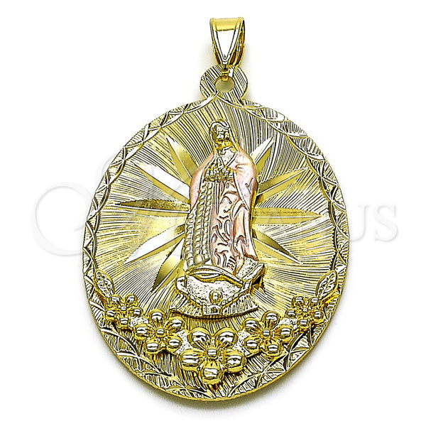 Dije Religioso 05.213.0056.1 Oro Laminado, Diseño de Guadalupe y Flor, Diamantado, Tres Tonos