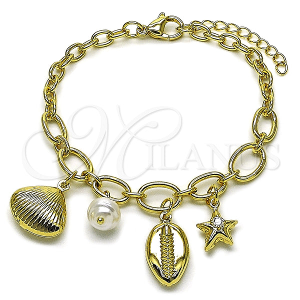 Pulsera de Dije 03.213.0372.07 Oro Laminado, Diseño de Concha y Estrella, con Marfil Perla and Blanca Zirconia Cubica, Pulido, Tono Dorado (04 MM Thickness, 7 Inches Length)