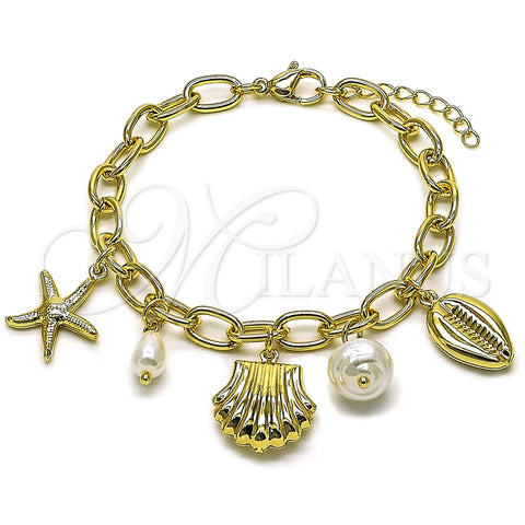 Pulsera de Dije 03.213.0373.07 Oro Laminado, Diseño de Concha y Estrella, con Perla Marfil, Pulido, Tono Dorado (Grosor 06.2 MM, 7 Pulgadas de Largo)