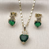 Juego de Arete y Dije de Adulto 10.196.0166 Oro Laminado, Diseño de Corazón y Mariposa, con Verde and Blanca Zirconia Cubica, Pulido, Tono Dorado