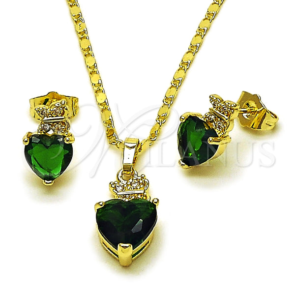 Juego de Arete y Dije de Adulto 10.196.0166 Oro Laminado, Diseño de Corazón y Mariposa, con Verde and Blanca Zirconia Cubica, Pulido, Tono Dorado