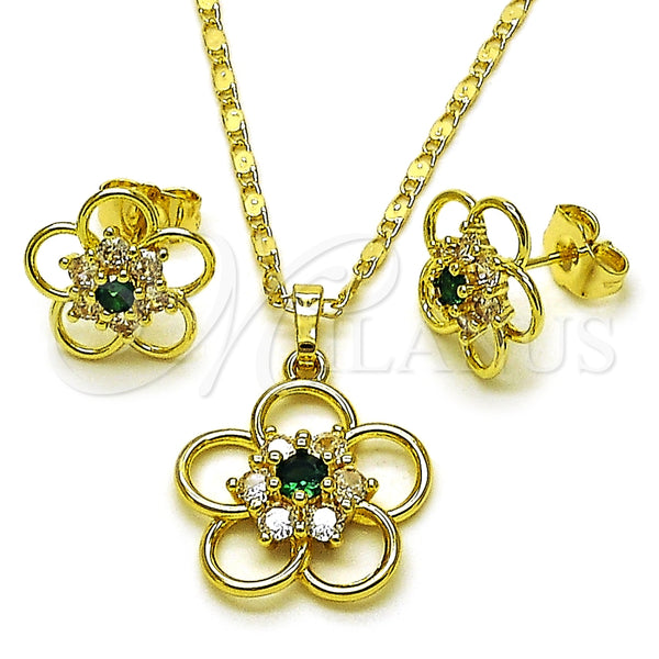 Juego de Arete y Dije de Adulto 10.196.0167 Oro Laminado, Diseño de Flor, con Verde and Blanca Zirconia Cubica, Pulido, Tono Dorado