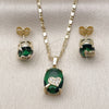 Juego de Arete y Dije de Adulto 10.196.0168 Oro Laminado, Diseño de Corazón, con Verde and Blanca Zirconia Cubica, Pulido, Tono Dorado