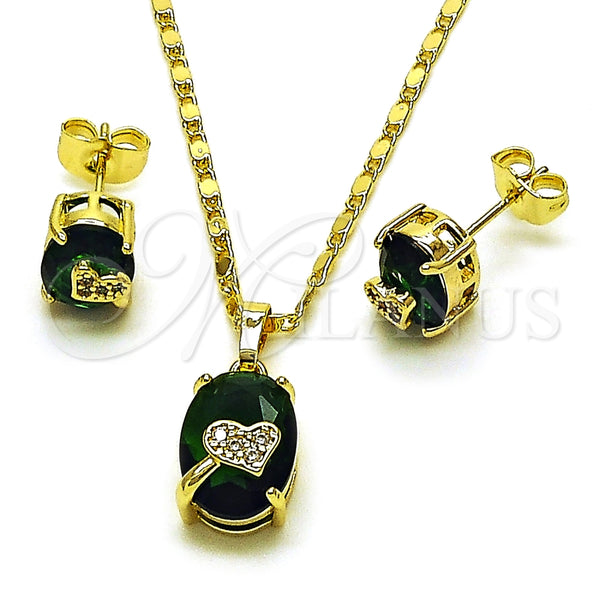 Juego de Arete y Dije de Adulto 10.196.0168 Oro Laminado, Diseño de Corazón, con Verde and Blanca Zirconia Cubica, Pulido, Tono Dorado