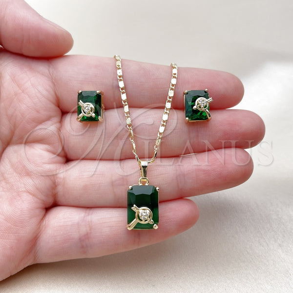 Juego de Arete y Dije de Adulto 10.196.0169 Oro Laminado, Diseño de Corazón y Flecha, con Verde and Blanca Zirconia Cubica, Pulido, Tono Dorado