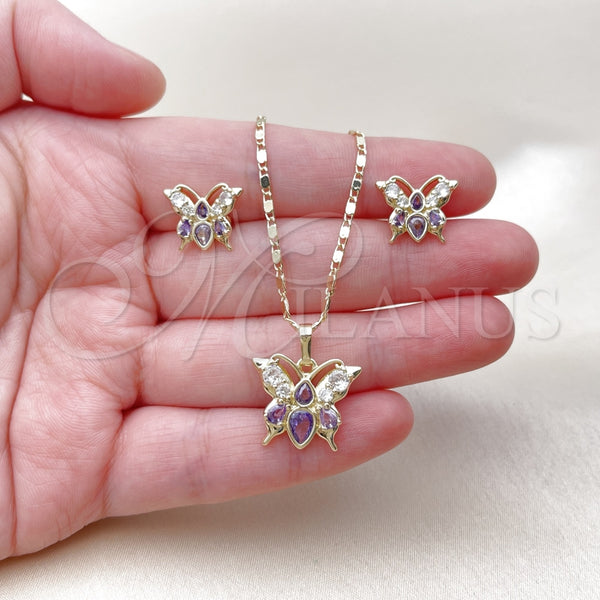 Juego de Arete y Dije de Adulto 10.196.0170 Oro Laminado, Diseño de Mariposa, con Amatista and Blanca Zirconia Cubica, Pulido, Tono Dorado