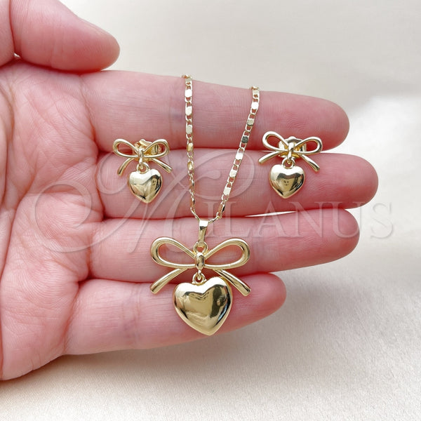 Juego de Arete y Dije de Adulto 10.196.0172 Oro Laminado, Diseño de Corazón y Arco, Pulido, Tono Dorado