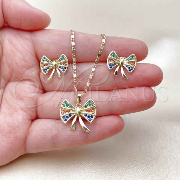 Juego de Arete y Dije de Adulto 10.196.0176 Oro Laminado, Diseño de Arco, con Multicolor Zirconia Cubica, Pulido, Tono Dorado