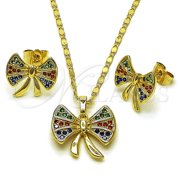 Juego de Arete y Dije de Adulto 10.196.0176 Oro Laminado, Diseño de Arco, con Multicolor Zirconia Cubica, Pulido, Tono Dorado