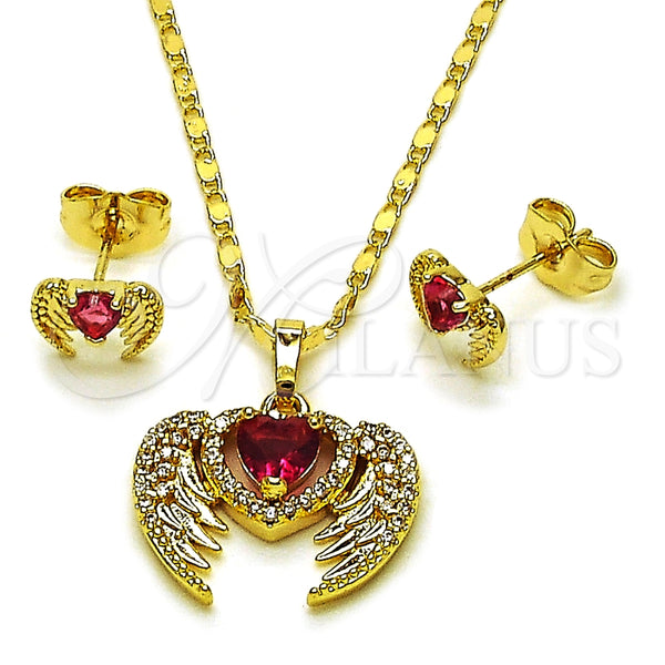 Juego de Arete y Dije de Adulto 10.196.0181 Oro Laminado, Diseño de Corazón y Alas, con Zirconia Cubica Rubi y Blanca, Pulido, Tono Dorado