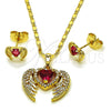 Juego de Arete y Dije de Adulto 10.196.0181 Oro Laminado, Diseño de Corazón y Alas, con Zirconia Cubica Rubi y Blanca, Pulido, Tono Dorado