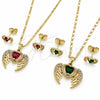 Juego de Arete y Dije de Adulto 10.196.0181 Oro Laminado, Diseño de Corazón y Alas, con Zirconia Cubica Rubi y Blanca, Pulido, Tono Dorado