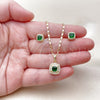 Juego de Arete y Dije de Adulto 10.196.0183.1 Oro Laminado, Diseño de Cluster, con Zirconia Cubica Verde y Micro Pave Blanca, Pulido, Tono Dorado