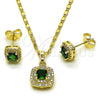 Juego de Arete y Dije de Adulto 10.196.0183.1 Oro Laminado, Diseño de Cluster, con Zirconia Cubica Verde y Micro Pave Blanca, Pulido, Tono Dorado