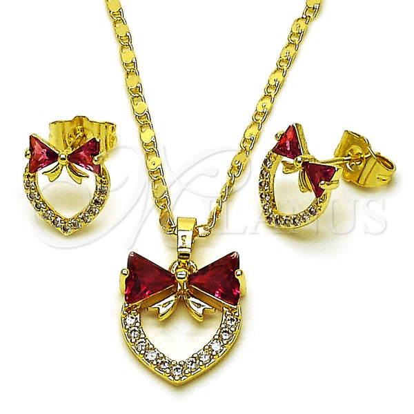 Juego de Arete y Dije de Adulto 10.196.0184 Oro Laminado, Diseño de Corazón y Arco, con Zirconia Cubica Rubi y Blanca, Pulido, Tono Dorado