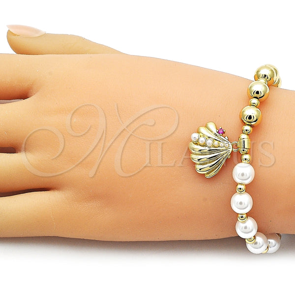 Pulsera Elegante 03.341.0252.07 Oro Laminado, Diseño de Concha y Bead Expandible, con Marfil Perla and Rubi Zirconia Cubica, Pulido, Tono Dorado (08 MM Thickness, 7 Inches Length)