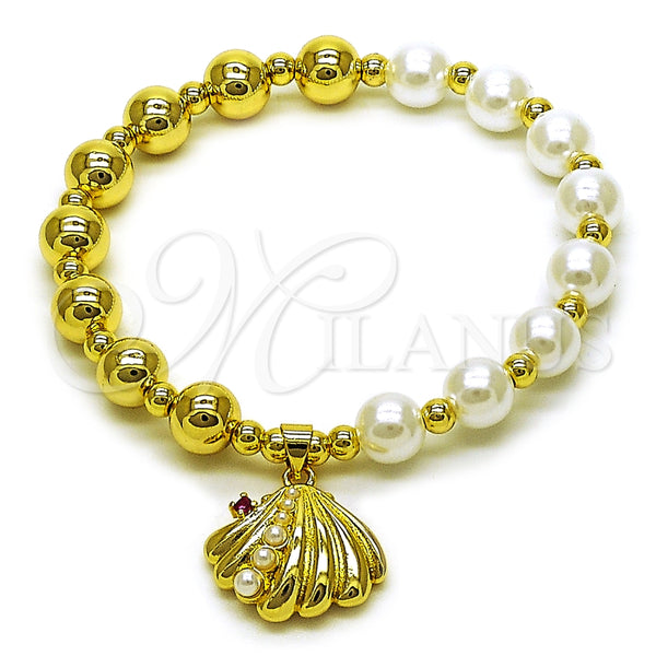 Pulsera Elegante 03.341.0252.07 Oro Laminado, Diseño de Concha y Bead Expandible, con Marfil Perla and Rubi Zirconia Cubica, Pulido, Tono Dorado (08 MM Thickness, 7 Inches Length)