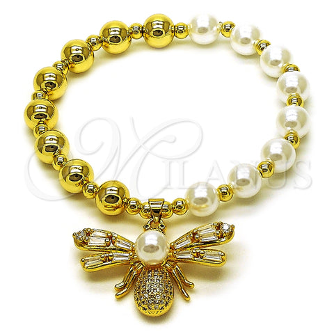 Pulsera Elegante 03.341.0254.07 Oro Laminado, Diseño de Abeja y Bead Expandible, con Marfil Perla and Blanca Zirconia Cubica, Pulido, Tono Dorado (08 MM Thickness, 7 Inches Length)