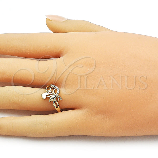 Anillo Multi Piedra 01.266.0057 Oro Laminado, Diseño de Mariposa y Oja, con Blanca Micro Pave, Pulido, Tono Dorado (One size fits all)