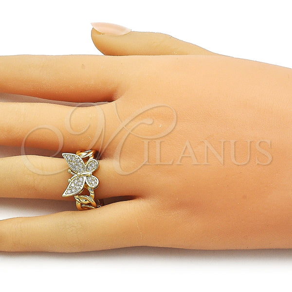 Anillo Multi Piedra 01.266.0065 Oro Laminado, Diseño de Mariposa y Miami Cubana, con Blanca Zirconia Cubica, Pulido, Tono Dorado (One size fits all)